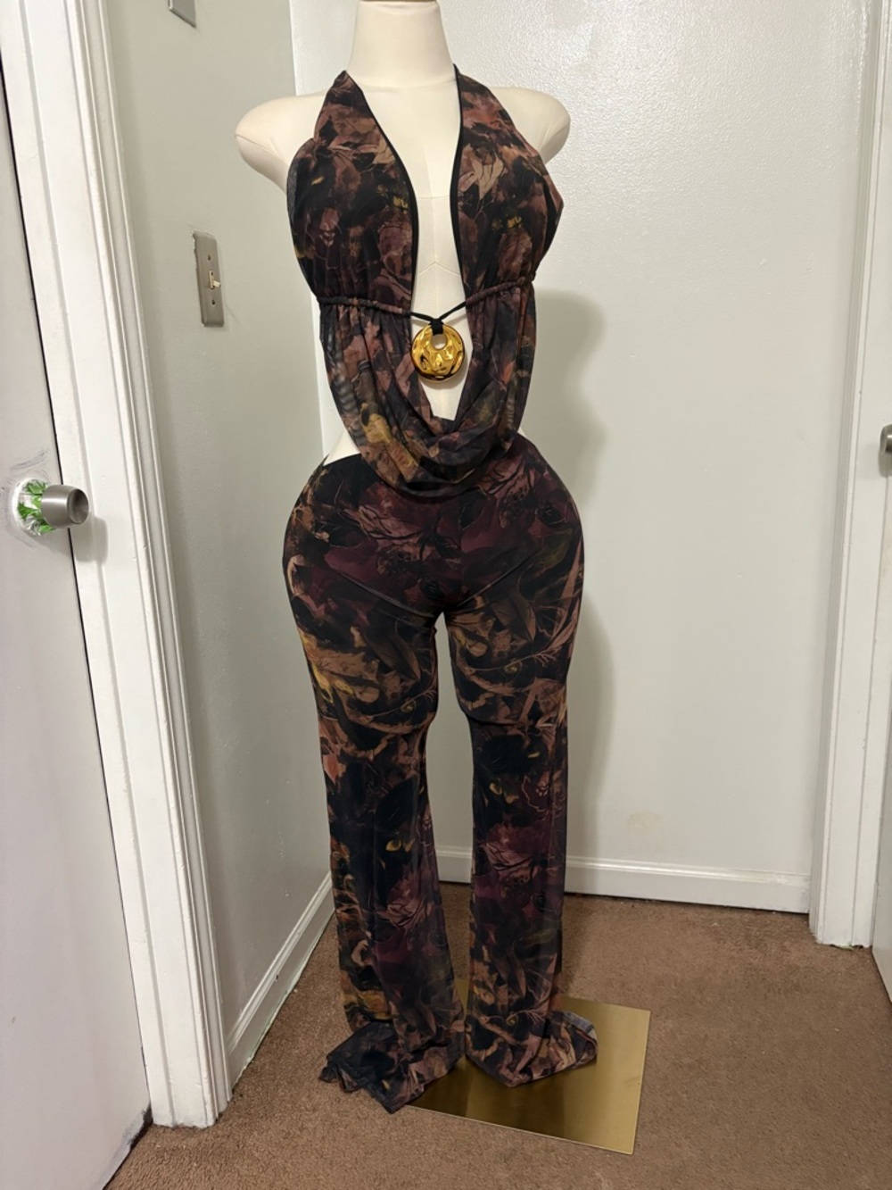 Fashion Nova Dark Floral Halter Jumpsuit with Pendant Accent